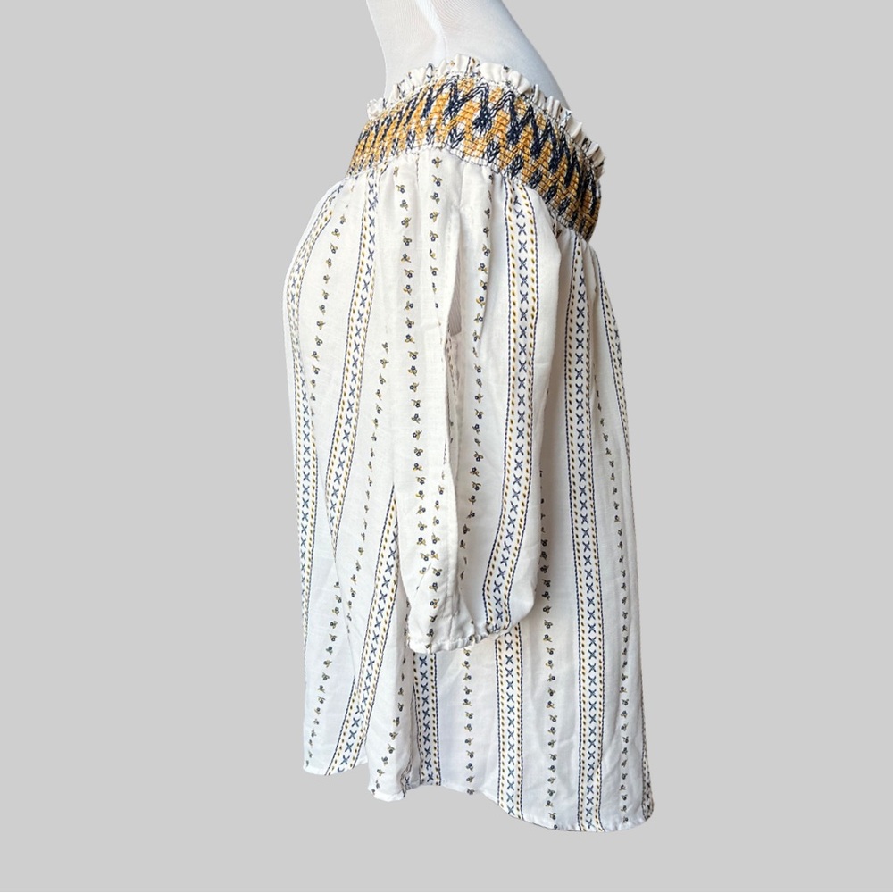 J By J.O.A Smocked Off Shoulder Floral Striped White Top. White, blue, & yellow - Picture 6 of 10